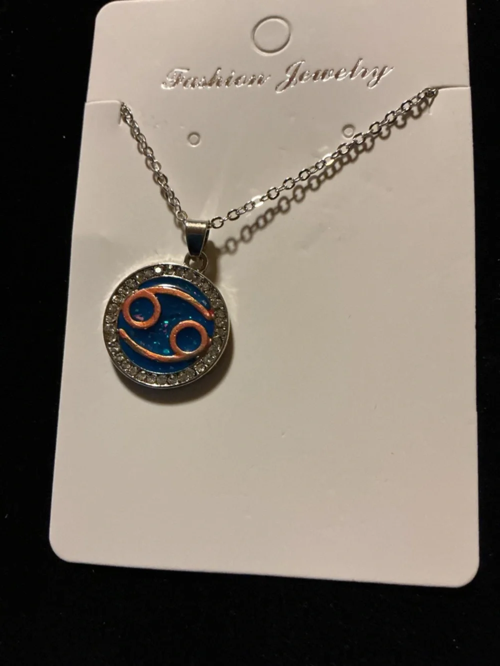 Cancer Zodiac Necklace Blue Round Pendant Rhinestone Accen - Picture 4 of 4